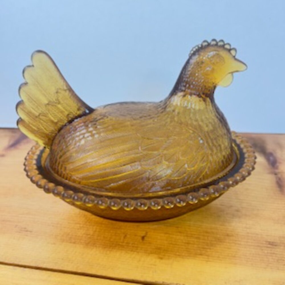 Vintage Indiana Glass Hen on Nest Amber/Gold Carnival Glass Dish 7"